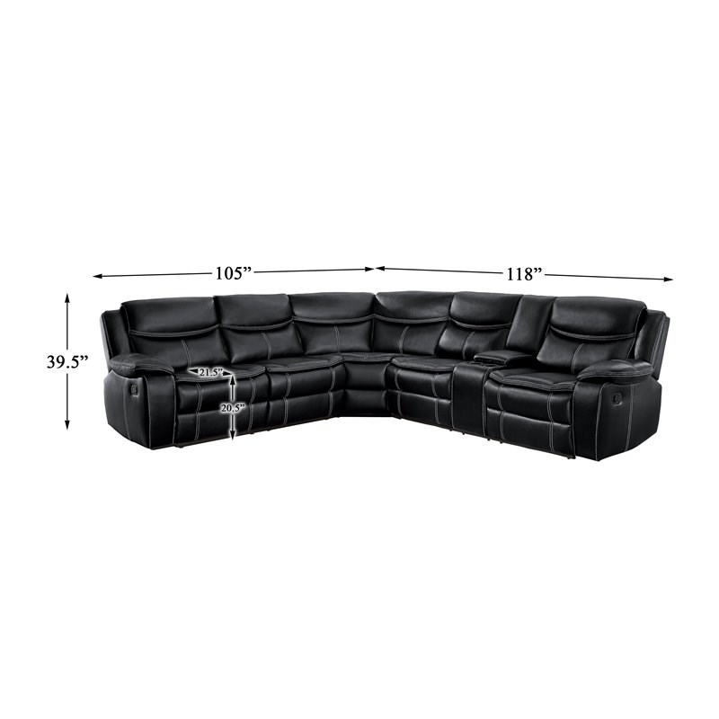 Lexicon Bastrop 3-Piece Traditional Wood & Faux Leather Sectional Set in Black