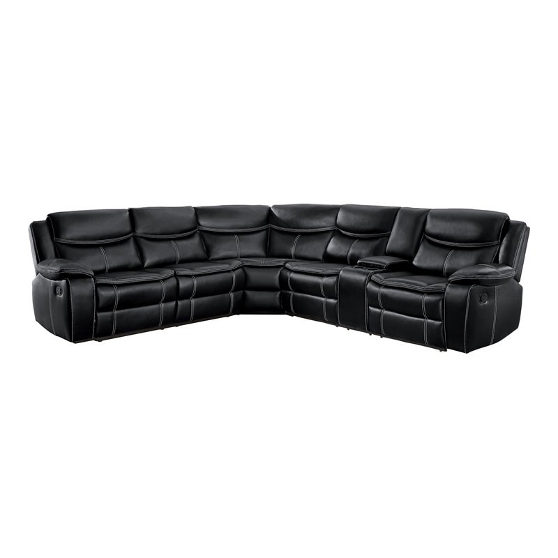 Lexicon Bastrop 3-Piece Traditional Wood & Faux Leather Sectional Set in Black
