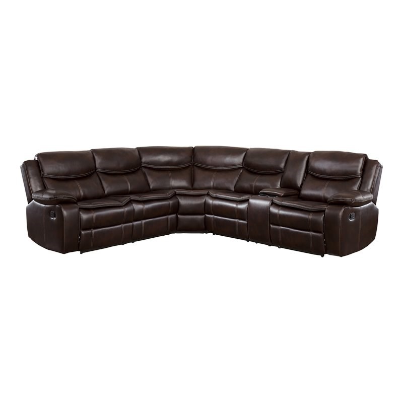 Lexicon Bastrop 3-Piece Traditional Wood & Faux Leather Sectional Set in Brown