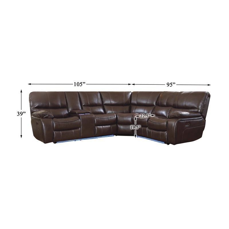 Lexicon Pecos 3 PC Faux Leather Power Reclining Sectional and LED in Dark Brown