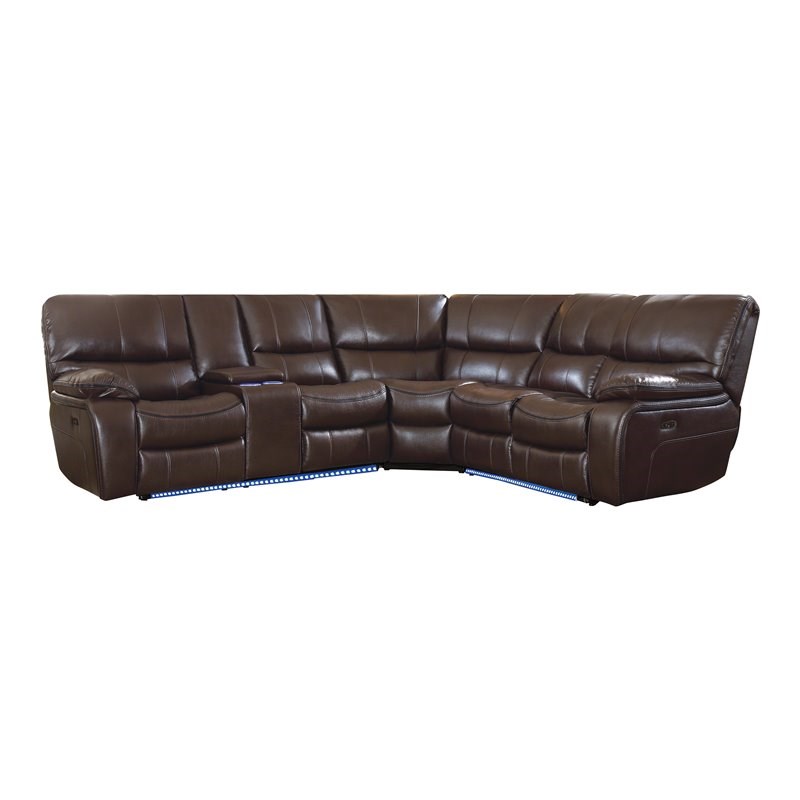 Lexicon Pecos 3 PC Faux Leather Power Reclining Sectional and LED in Dark Brown