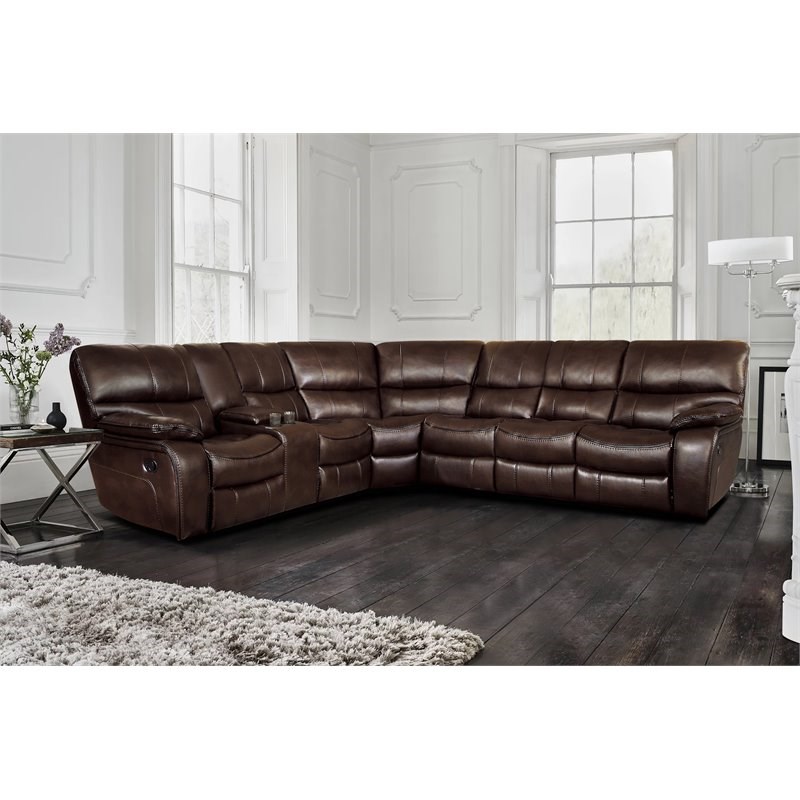 Lexicon Pecos 4PC Faux Leather Reclining Sectional w/ Left Console in Dark Brown