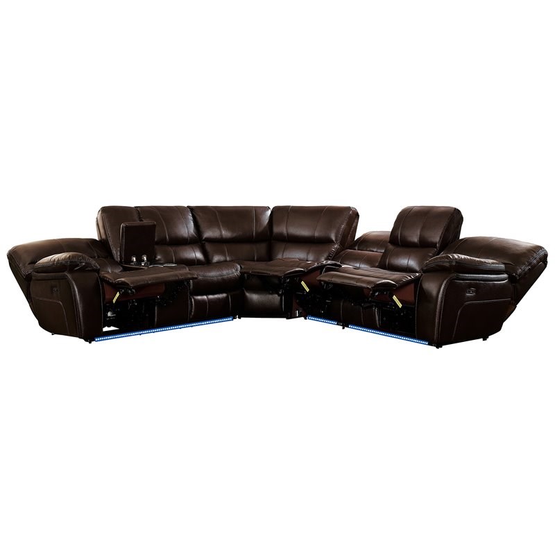 Lexicon Pecos 4 PC Faux Leather Power Reclining Sectional and LED in Dark Brown