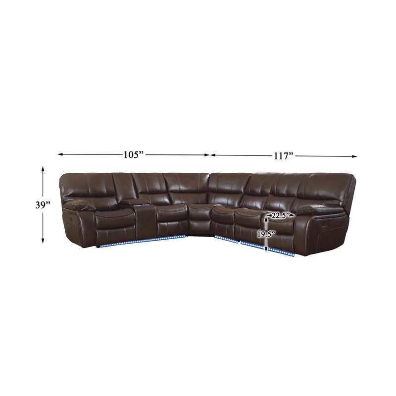 Lexicon Pecos 4 PC Faux Leather Power Reclining Sectional and LED in Dark Brown