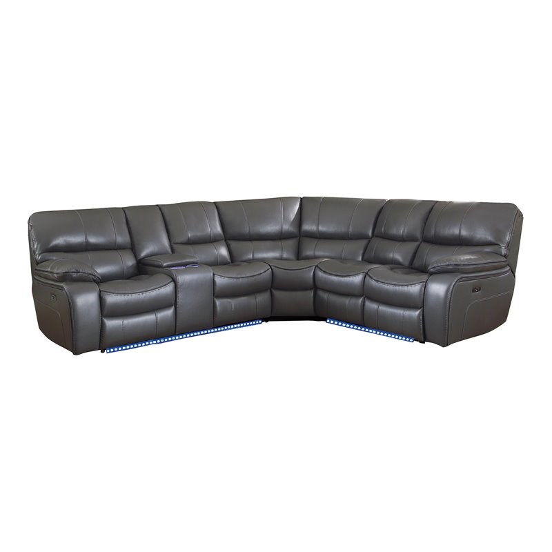 Lexicon Pecos 3 PC Faux Leather Power Reclining Sectional and LED in Gray