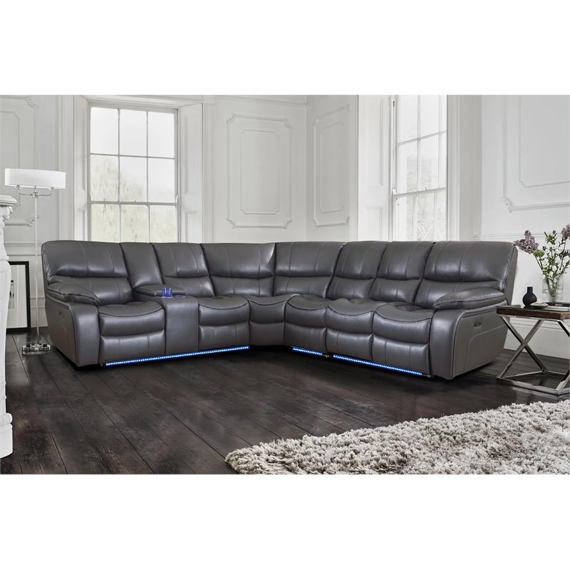 Lexicon Pecos 4 PC Faux Leather Power Reclining Sectional and LED in Gray