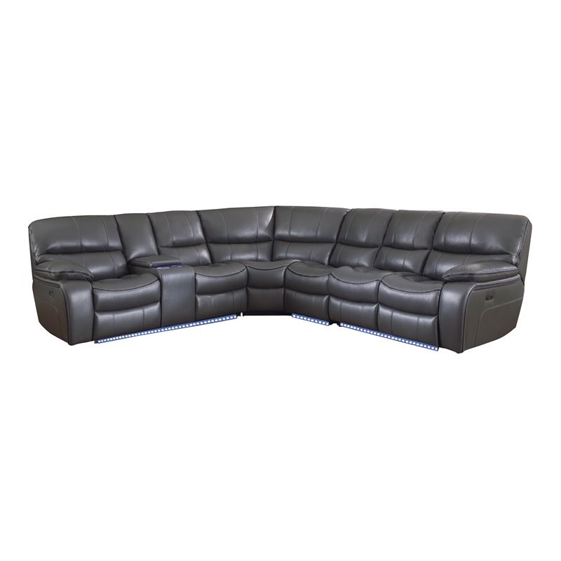 Lexicon Pecos 4 PC Faux Leather Power Reclining Sectional and LED in Gray