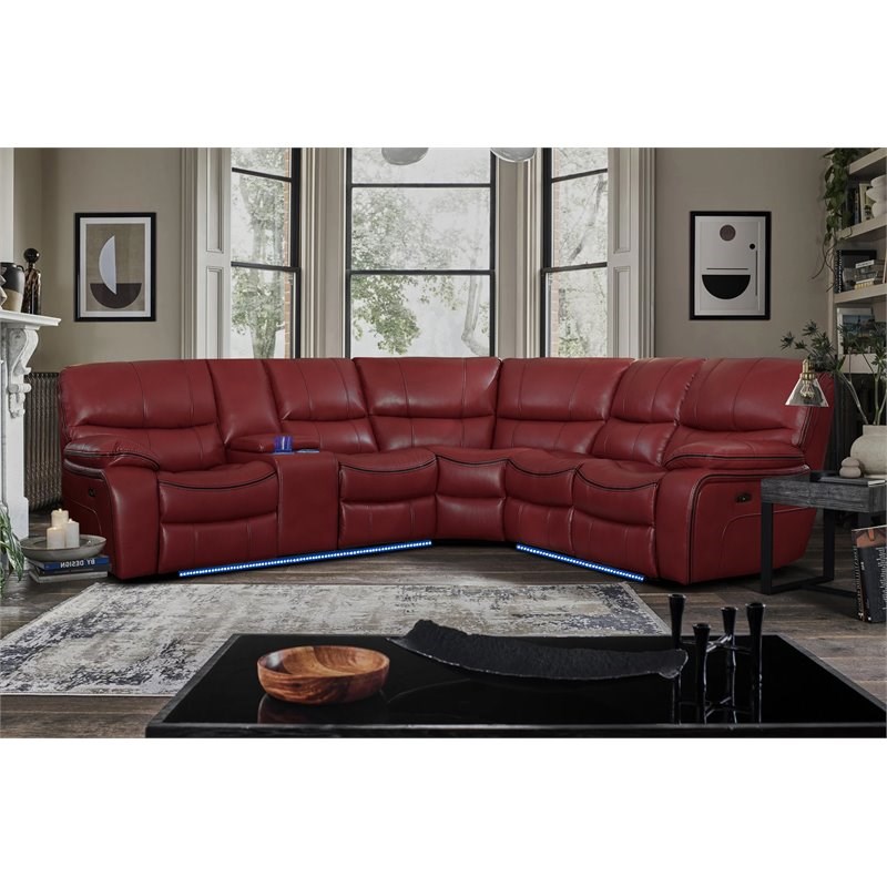 Lexicon Pecos 3 PC Faux Leather Power Reclining Sectional and LED in Red