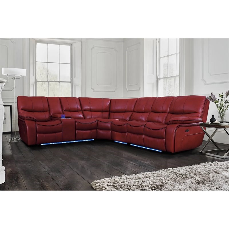 Lexicon Pecos 4 PC Faux Leather Power Reclining Sectional and LED in Red