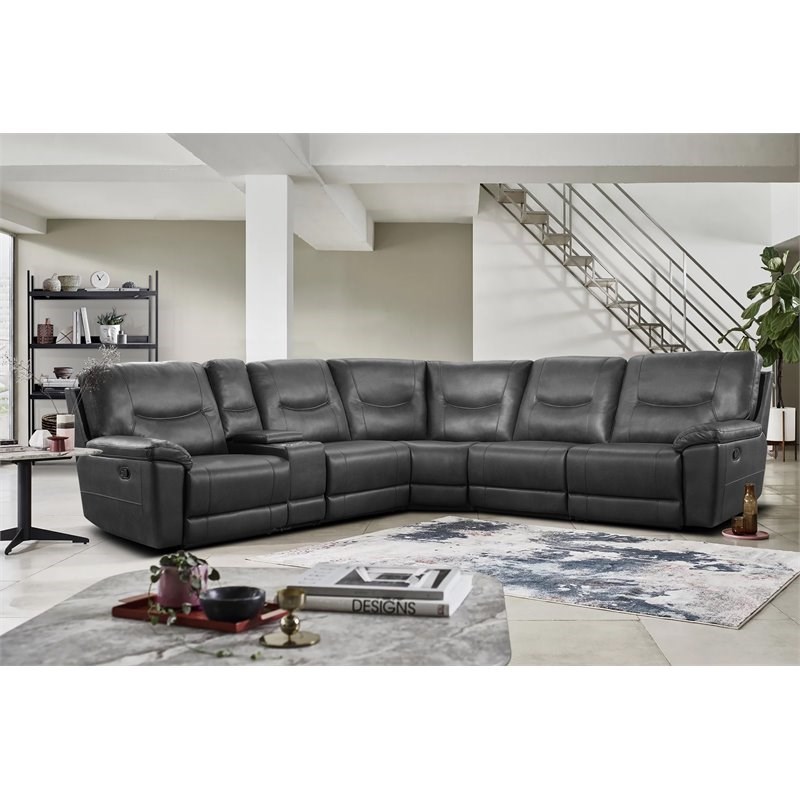 Lexicon Columbus 6-Piece Wood & Faux Leather Modular Reclining Sectional in Gray