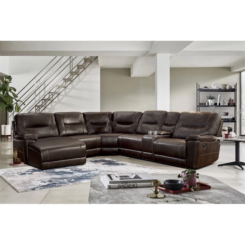 Lexicon Columbus 6 PC Faux Leather Reclining Sectional w/ Left Chaise in Brown