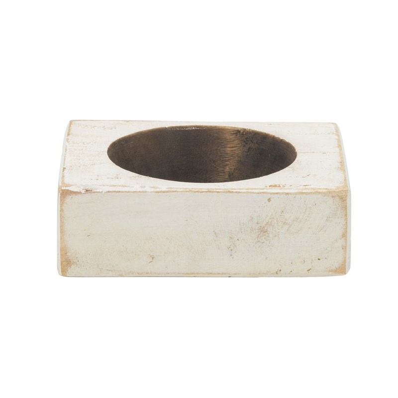 Luxury Living 1-Hole Wooden Cheese Mold Candle Holder in White Distressed