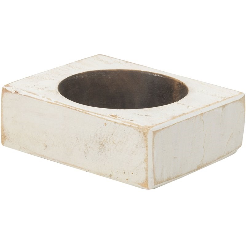 Luxury Living 1-Hole Wooden Cheese Mold Candle Holder in White Distressed