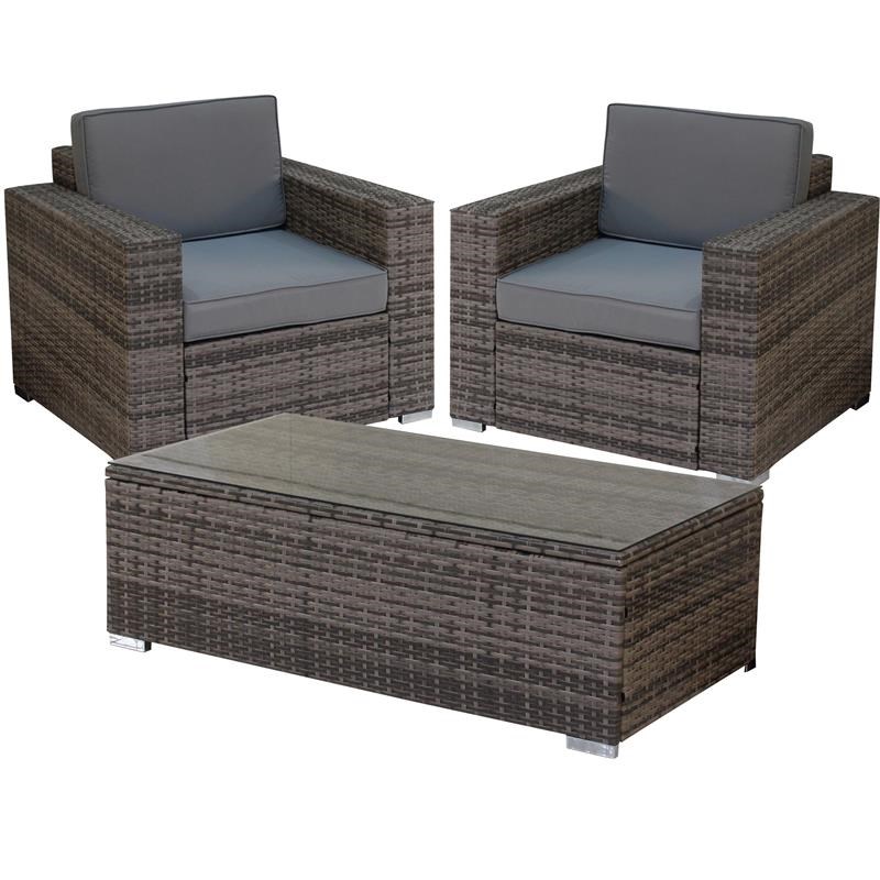 3 Piece Gray Wicker Rattan Outdoor Lounge Set (Square Armrest Feature)