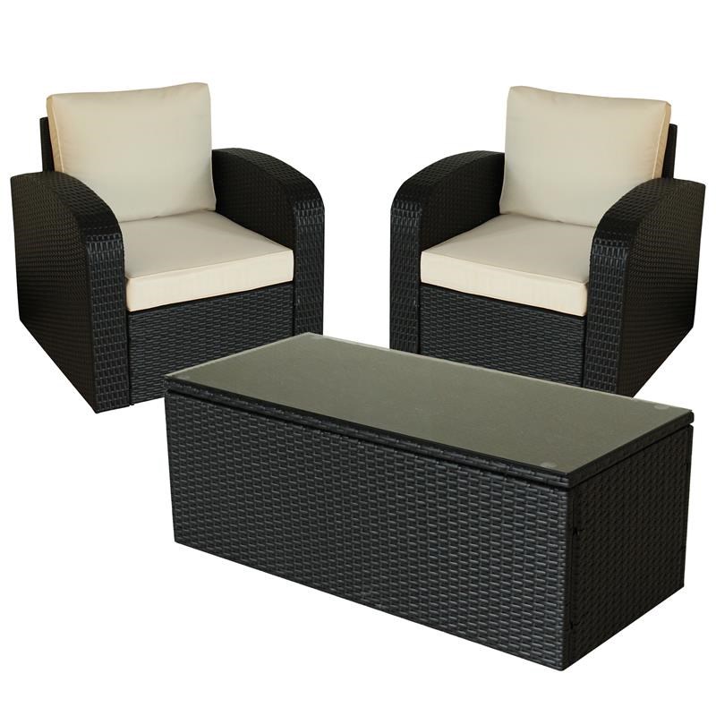 3 Piece Black Wicker Rattan Outdoor Lounge Set (Rounded Armrest Feature)
