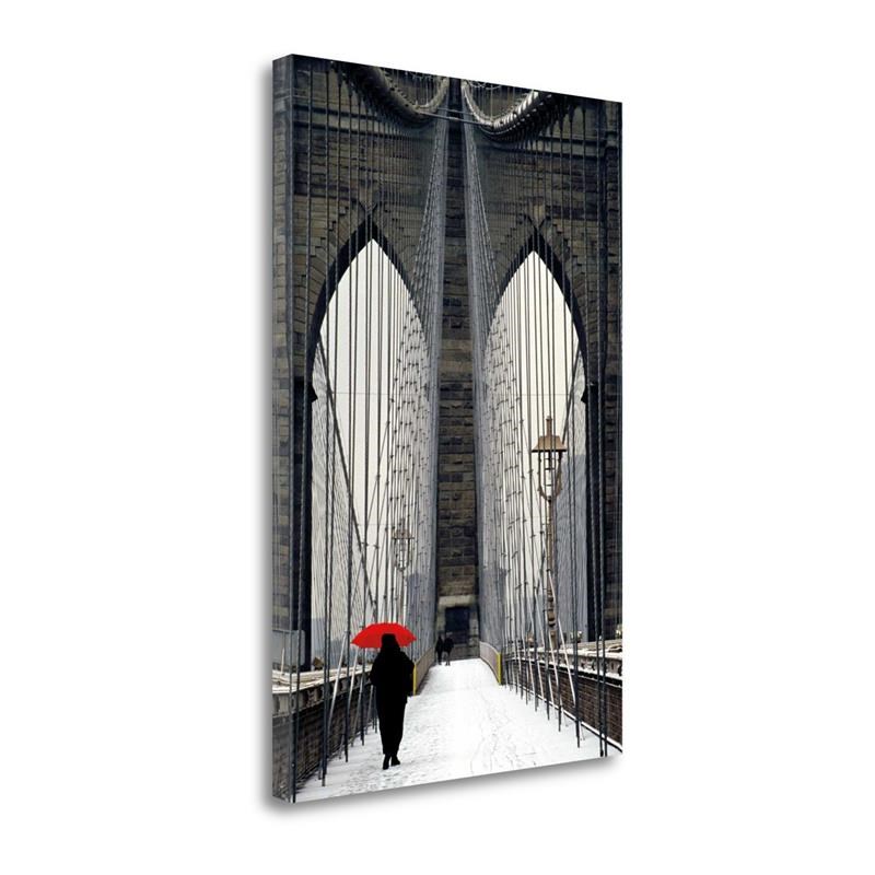 20 x 29 Brooklyn Bridge Meets Red by Michael Cahill-on Canvas Fabric Multi-Color