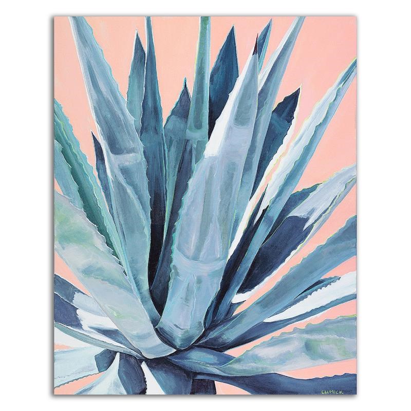 24 x 30 Agave with Coral by Alana Clumeck- Wall Art Print on Canvas Fabric Green