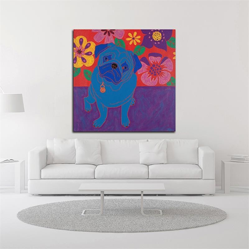 18 x 18 Perspicacious Pug by Angela Bond- Wall Art Print on Canvas Fabric Purple