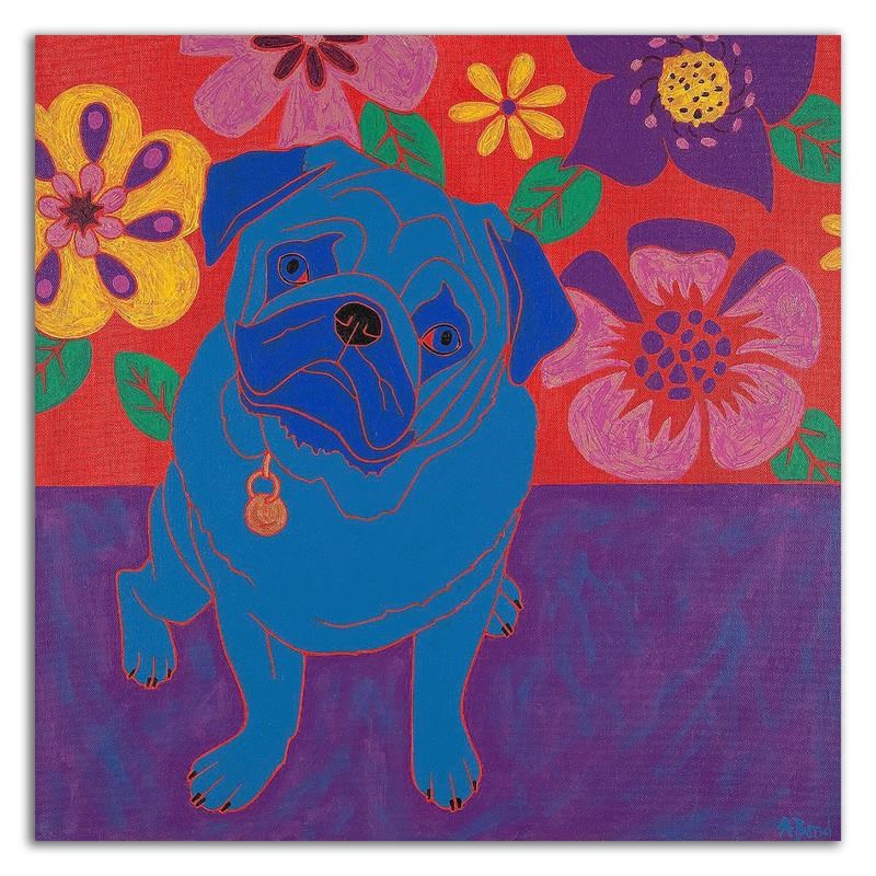 18 x 18 Perspicacious Pug by Angela Bond- Wall Art Print on Canvas Fabric Purple