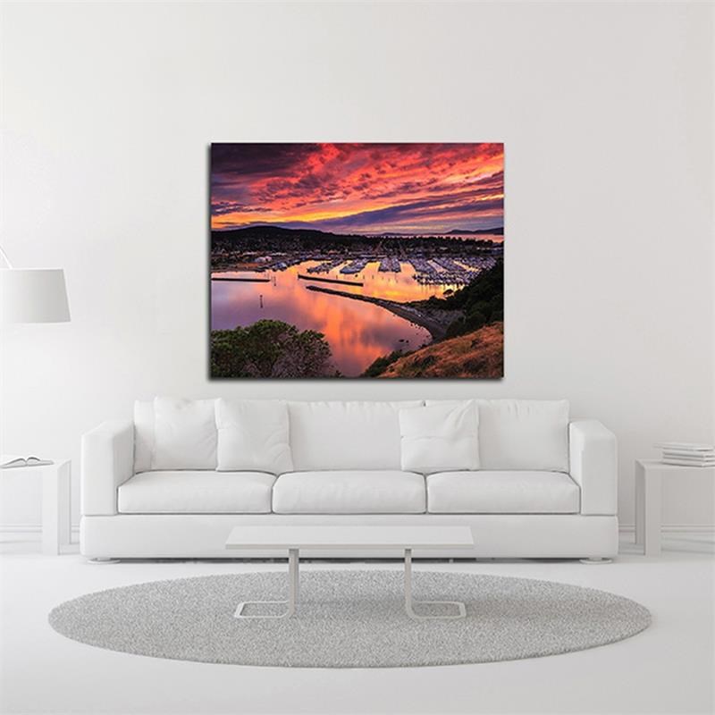 22x18 Red Sunset Over Harbor by Shawn/Corinne Severn Print on CanvasFabric White