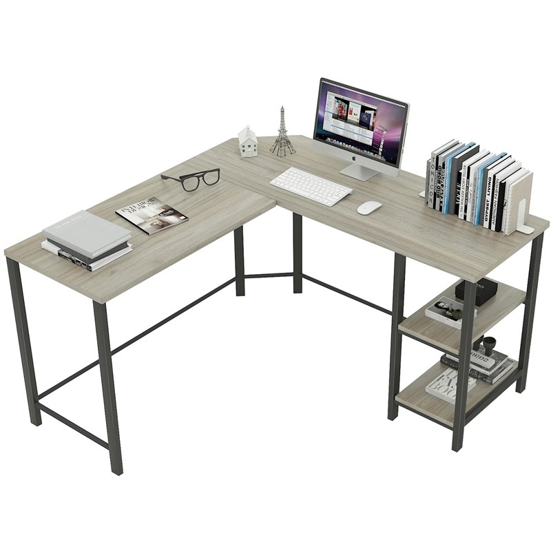 CRO Decor L-Shaped Wood Office Computer Gaming Desk in Gray Oak
