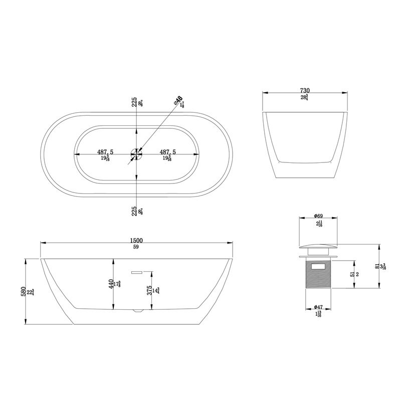 CRO Decor Multifunctional Freestanding Acrylic Bathtub in White