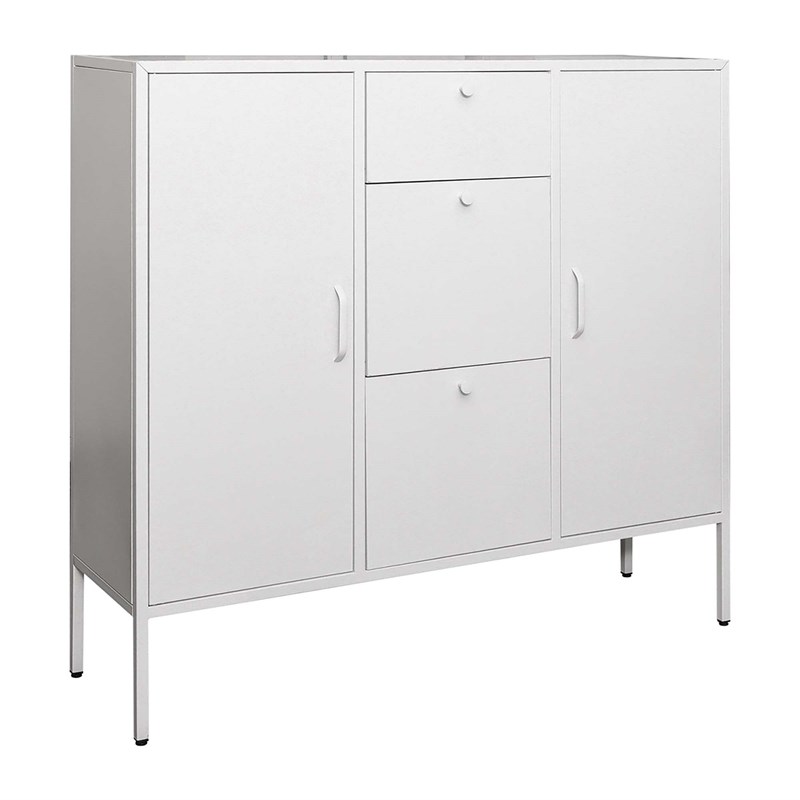 CRO Decor Metal Cabinet with 2 Doors and 3 Drawers Multipurpose Storage in White