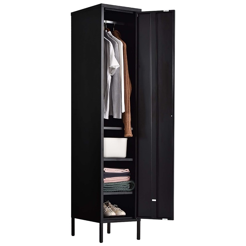 CRO Decor Metal Cabinet with 3 Levels of Adjustable Shelves and 1 Rail in Black