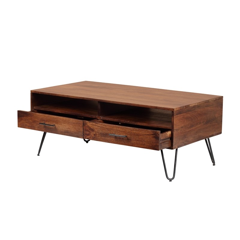 CRO Decor Coffee Table with 2 Drawers and Open Shelf Soild Wood in Espresso