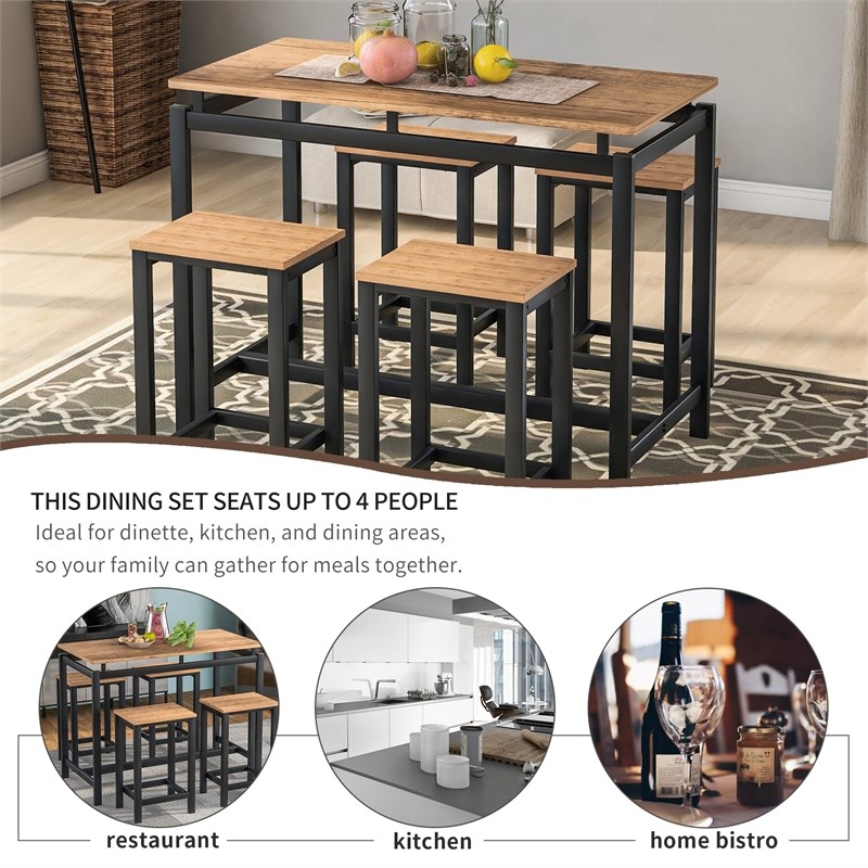 CRO Decor Industrial 5-Piece Kitchen Counter Height Table Set-Brown