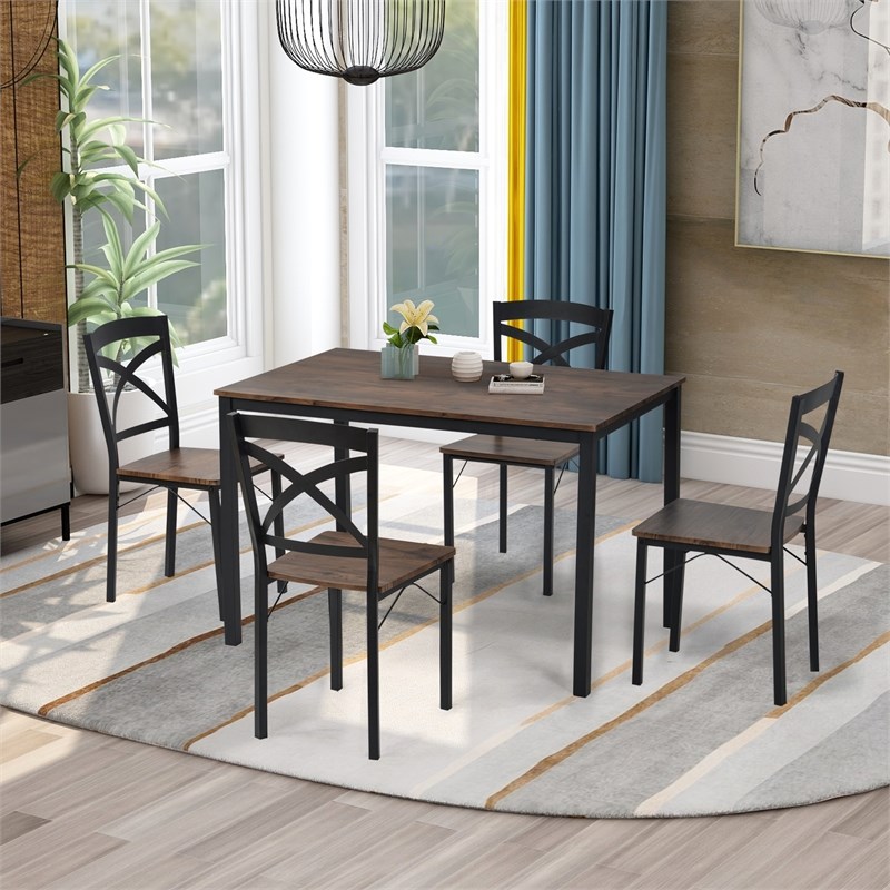 CRO Decor 5-Piece Industrial Wooden Dining Set with Metal Frame- Brown