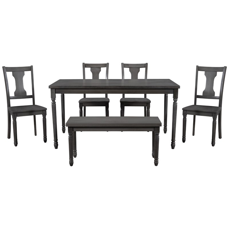 CRO Decor Classic Dining Set Wooden Table and 4 Chairs with Bench (Set of 6)