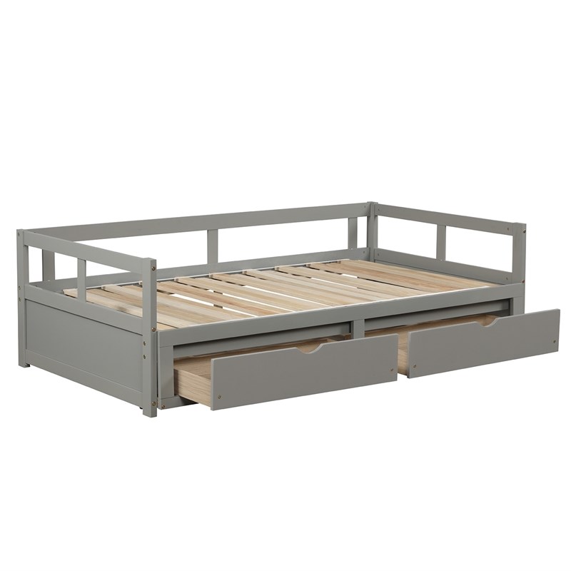 CRO Decor Wooden Daybed with Trundle and 2 Storage Drawers Extendable (Gray)