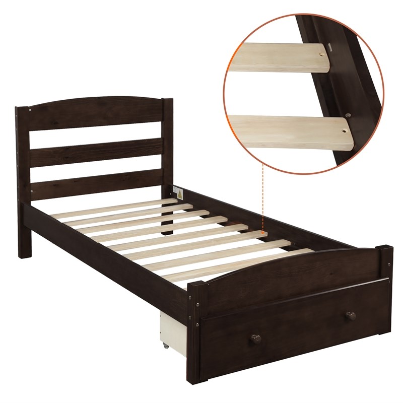 CRO Decor Platform Twin Bed Frame with Storage Drawer and Wood Slat