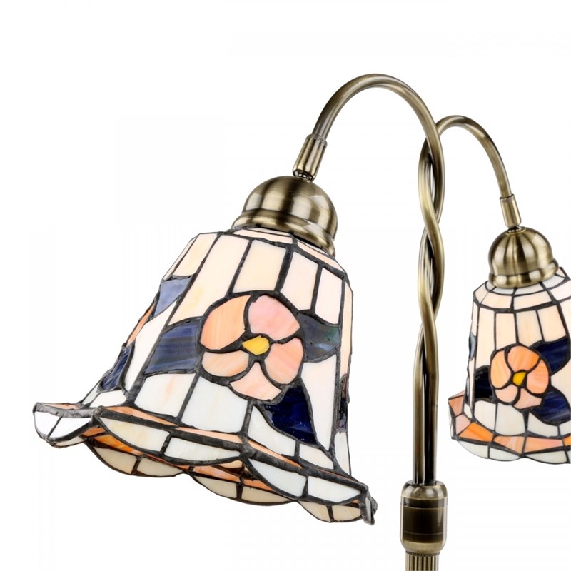 Twin Goose Neck Desk Table Lamp Brass Floral Stained Glass Double Light 24