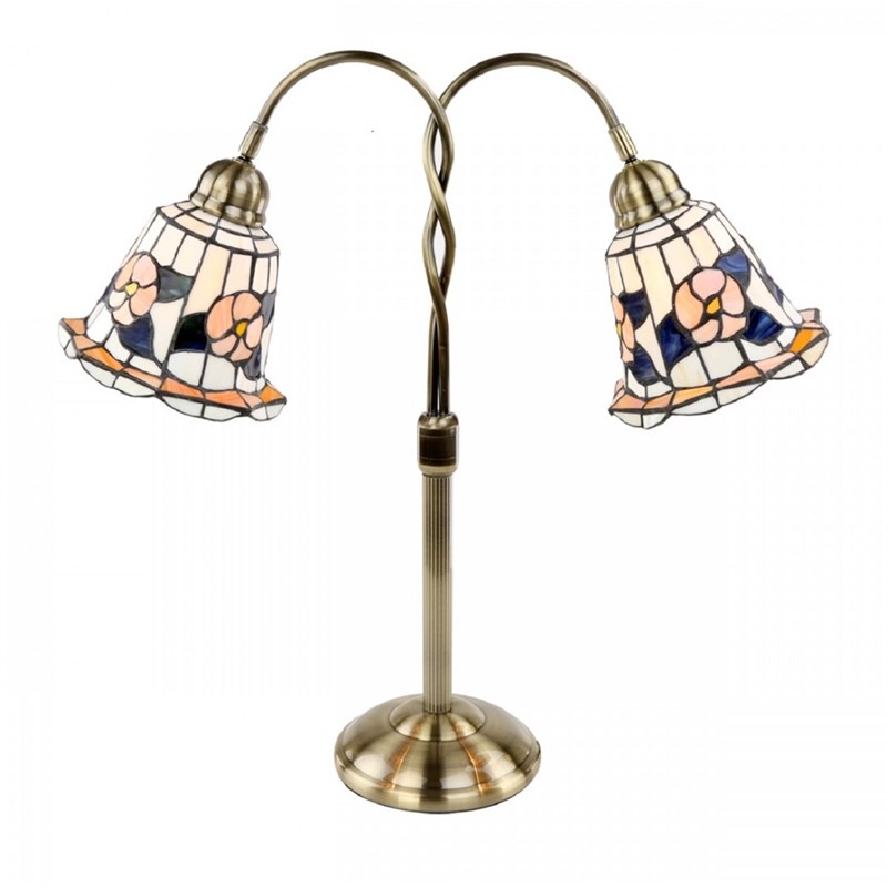 Twin Goose Neck Desk Table Lamp Brass Floral Stained Glass Double Light 24
