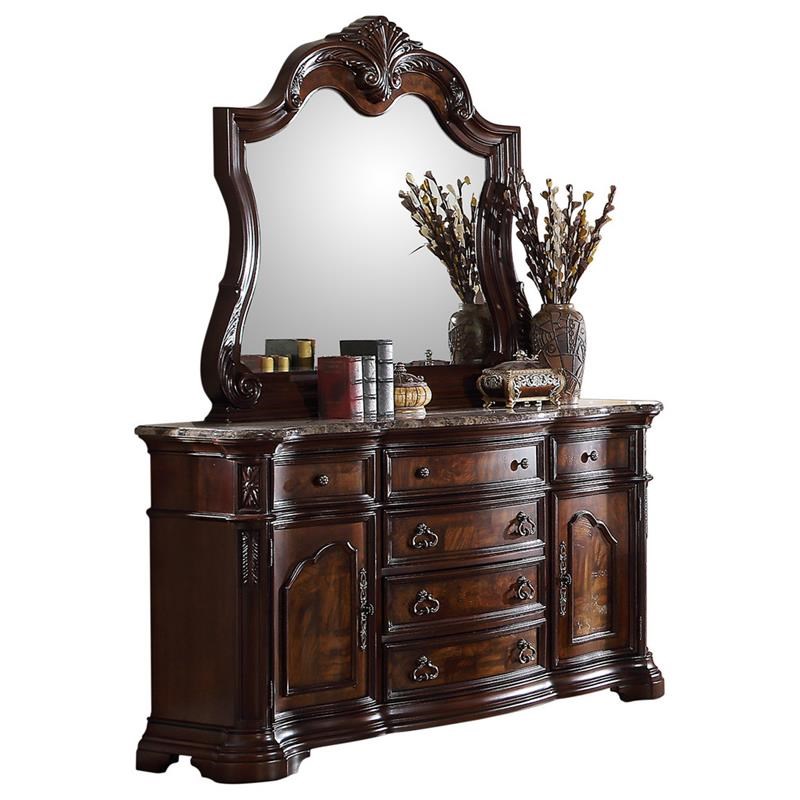 Best Master Barney's 2-Piece Wood Dresser and Mirror Set in Walnut w/Marble Top