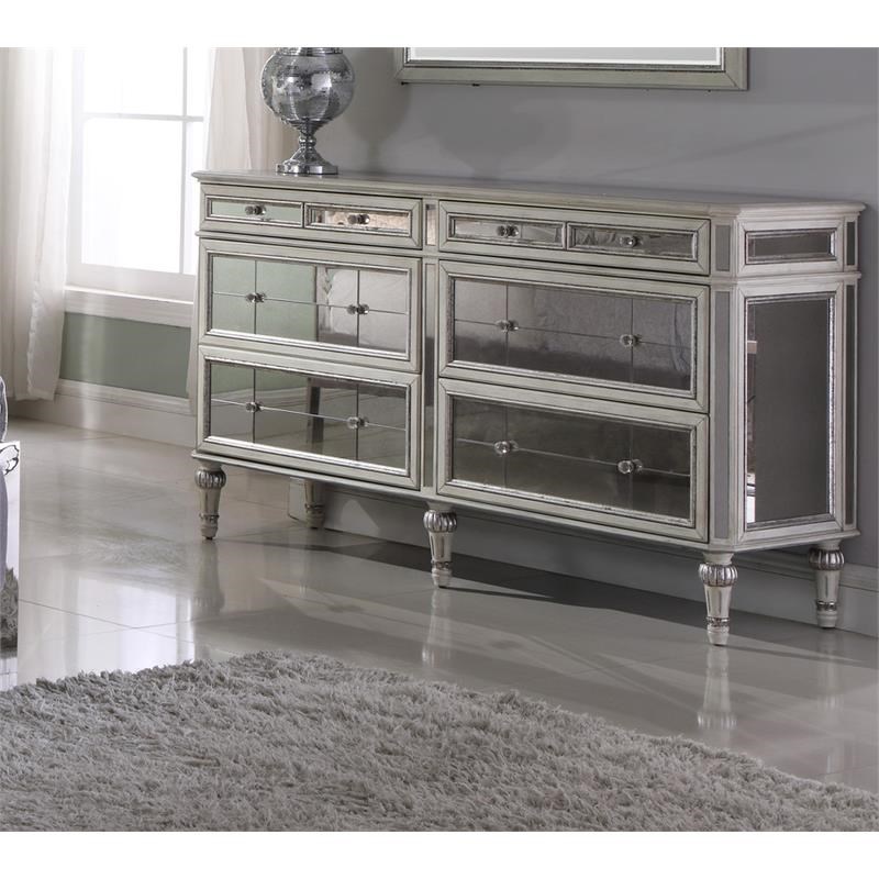 Best Master Emory 6-Drawer Solid Wood Dresser in Antique Cream With Mirrored