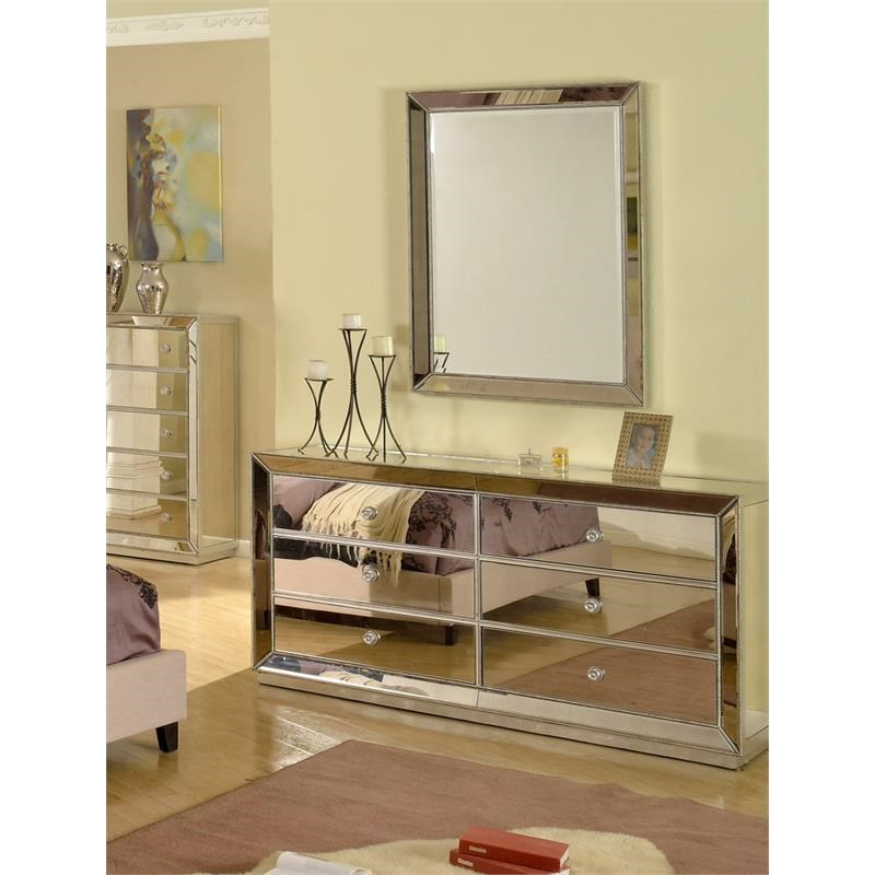 Best Master Jameson Solid Wood 6-Drawer Bedroom Dresser in Silver Mirrored
