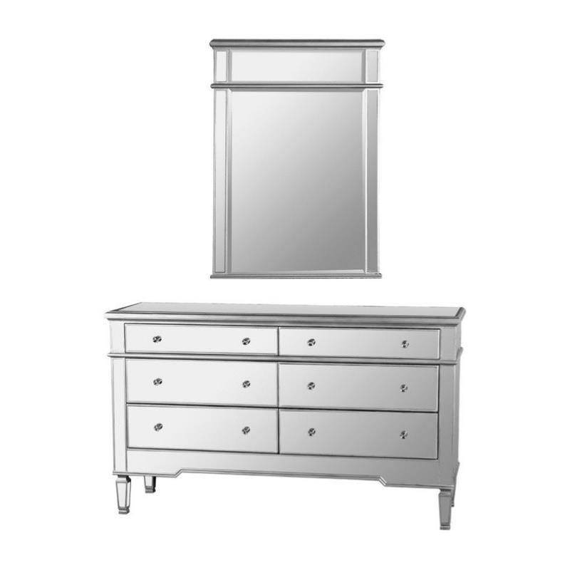 Best Master Nicolette 2-Piece Solid Wood Dresser and Mirror Set - Silver Brushed