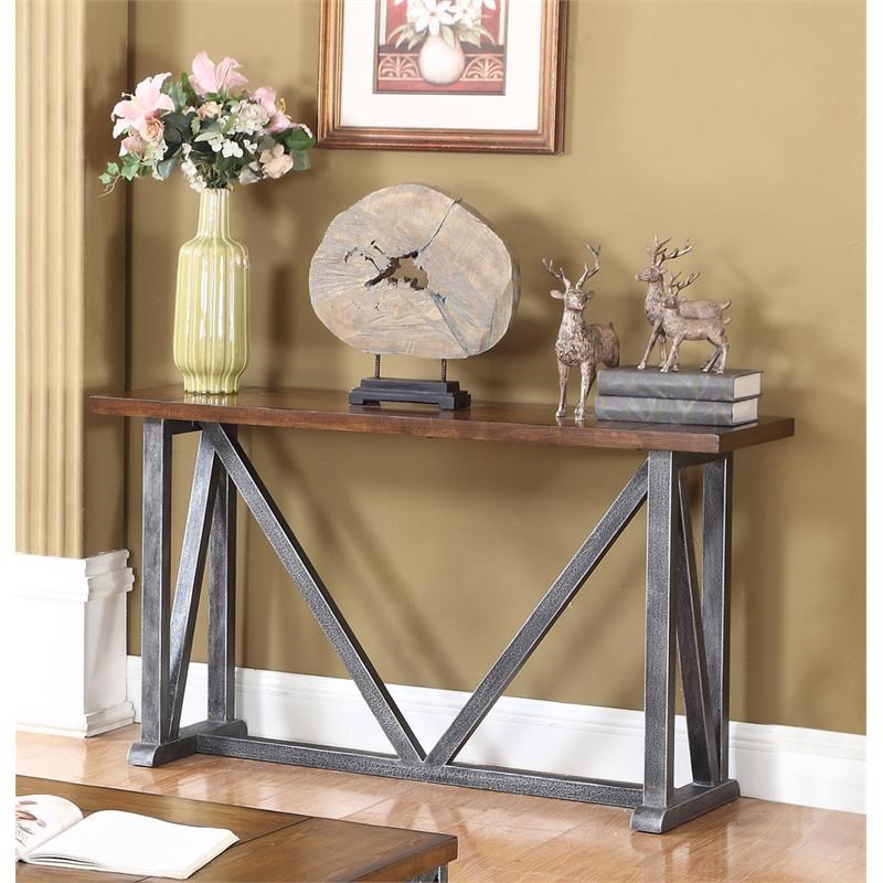 Best Master Durham Solid Wood and Iron Console Table in Walnut/Brushed Gray