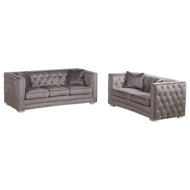 Best Master DeLuca 2-Pc Embellished Fabric Tufted Sofa & Loveseat Set in Gray