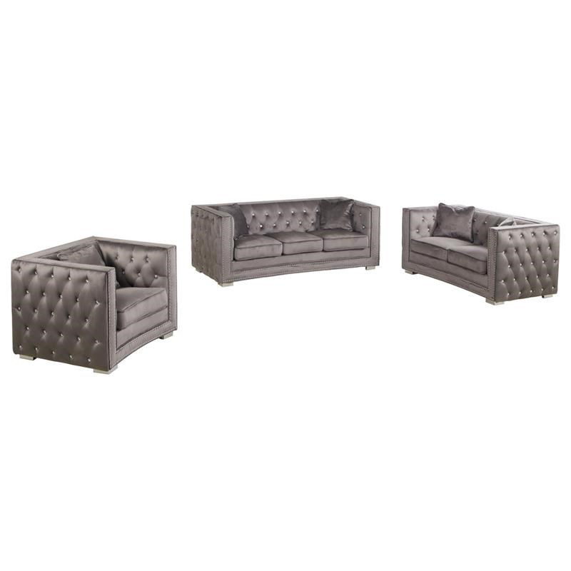 Best Master DeLuca 3-Pc Embellished Fabric Tufted Living Room Set in Gray