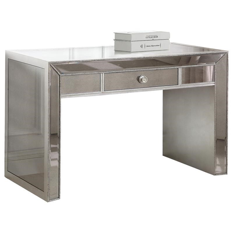 Best Master Jameson Solid Wood and Mirrored Panel Writing Desk in Antoque Silver
