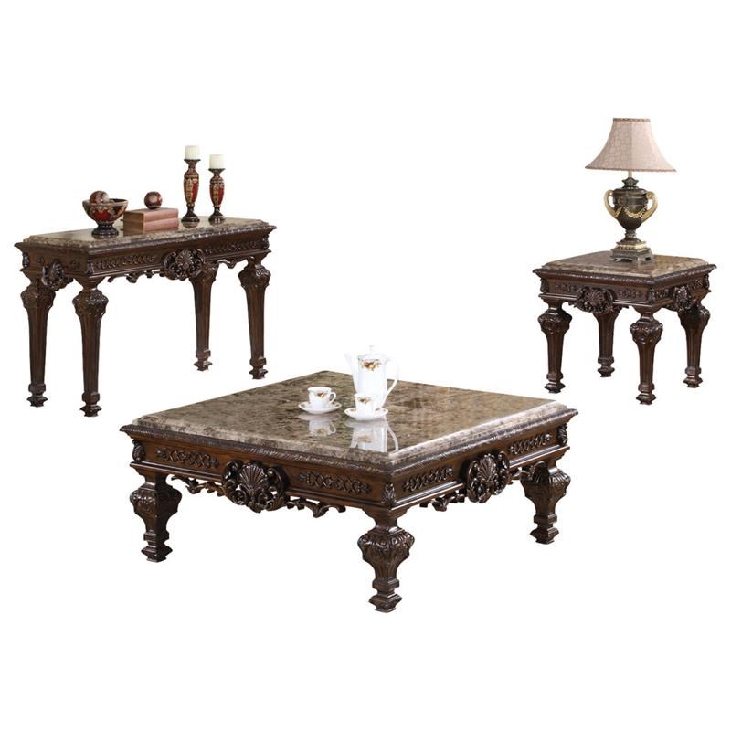 Best Master Traditional 3-Piece Faux Marble Top Living Room Table Set in Cherry
