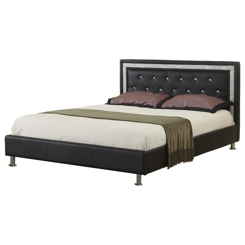 Best Master Faux Leather Queen Platform Bed with Crystal Tufted Buttons in Black Homesquare