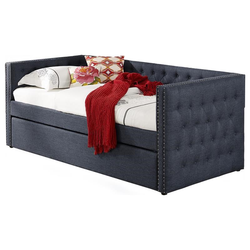 Best Master Tufted Fabric with Nailhead Twin Daybed and Trundle in Trina Gray