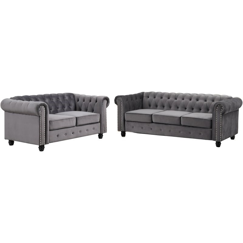Best Master Furniture Venice 2 Piece Velvet Sofa and Loveseat Set in Gray