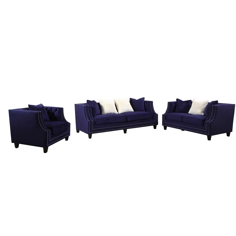 Marylou 3-Piece Velvet Living Room Sofa Set in Blue