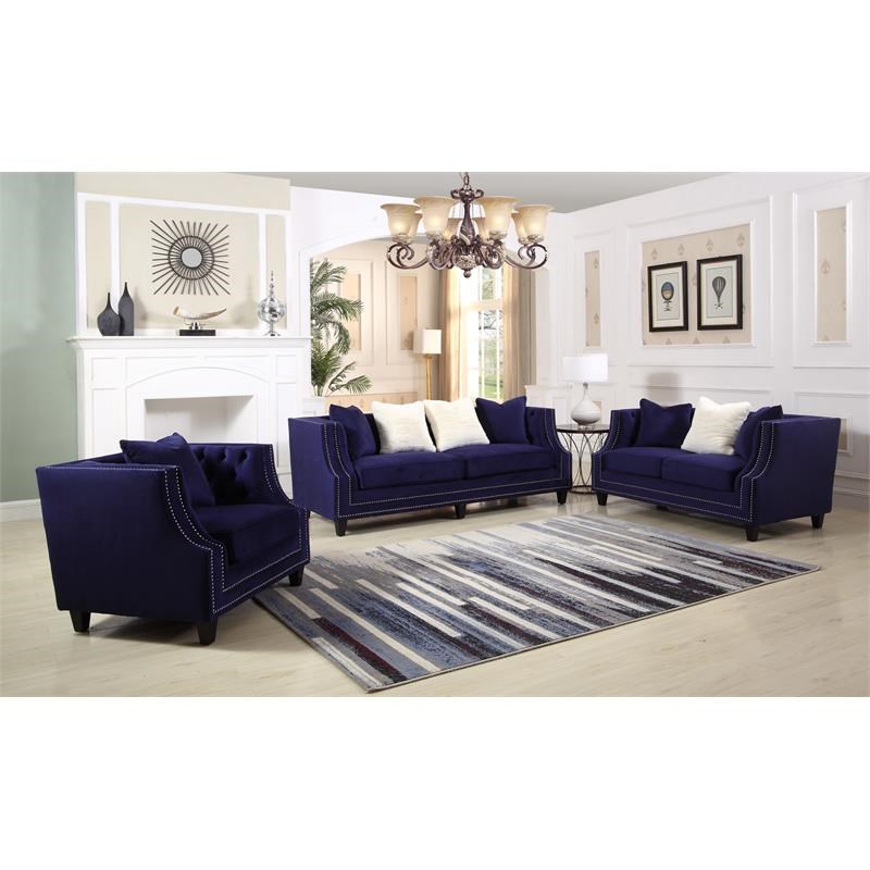 Marylou 3-Piece Velvet Living Room Sofa Set in Blue